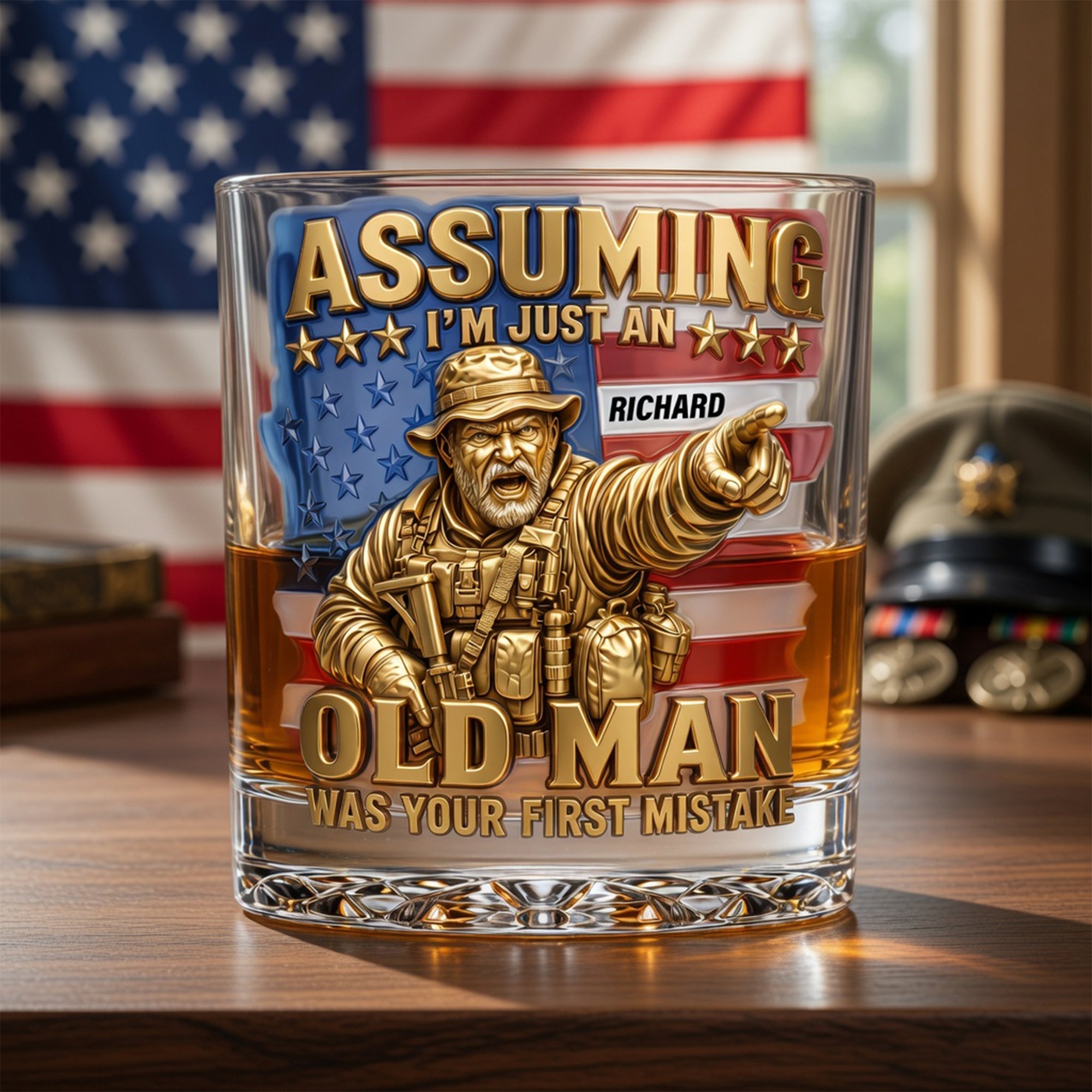 Assuming I'm Just an Old Man - Funny Veteran Round Glass - Personalized Gift for Veterans