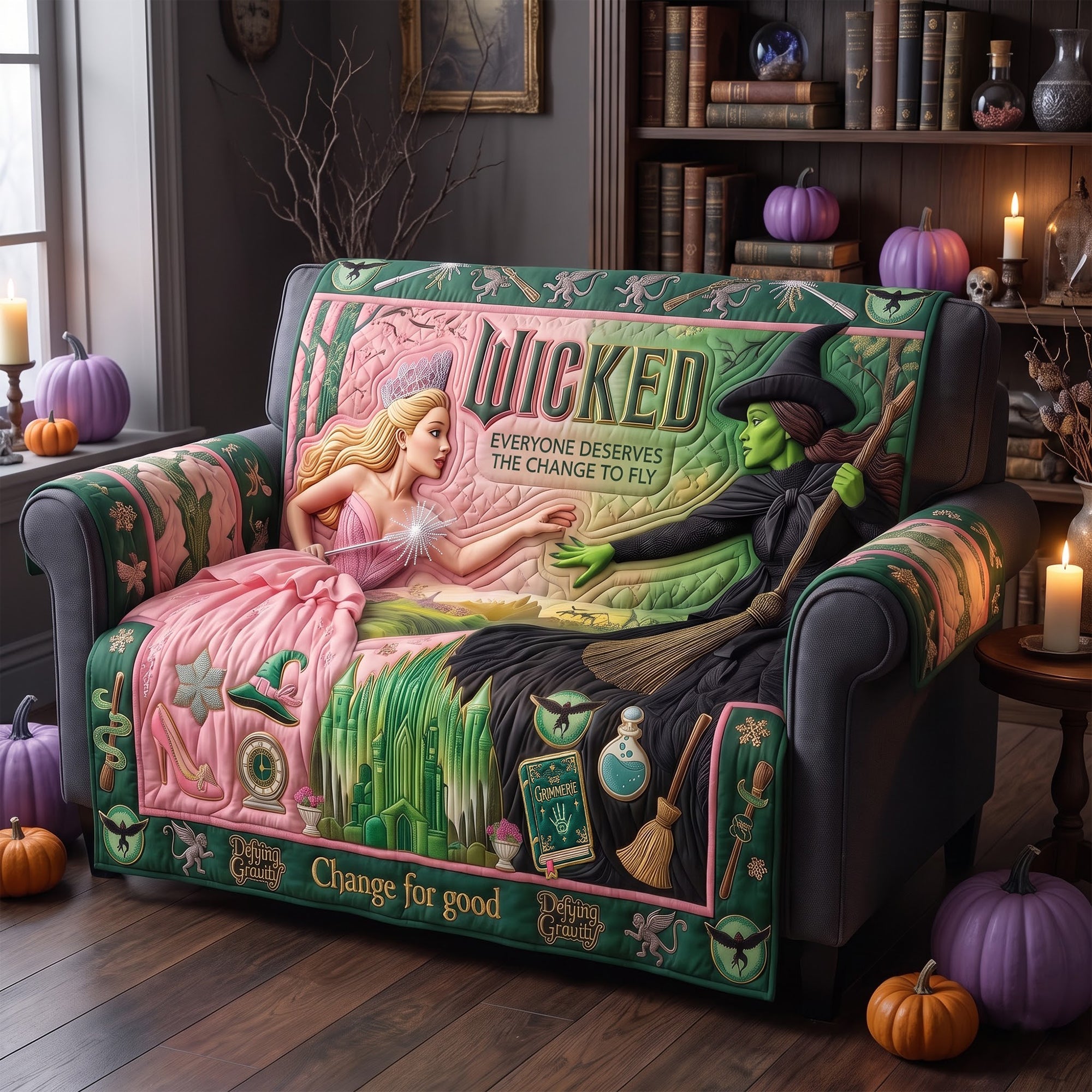 Wicked Quote: 'Everyone Deserves The Change To Fly' - Pink & Green Quilted Sofa Cover - Personalized Gift for Witch Lovers
