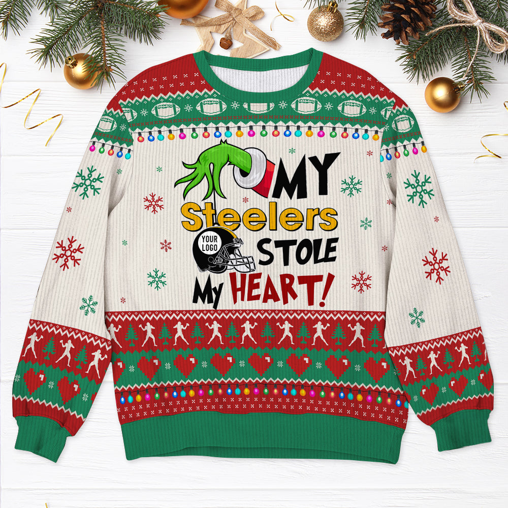 Personalized American Football Fan Ugly Sweater - Heart Stealer Design