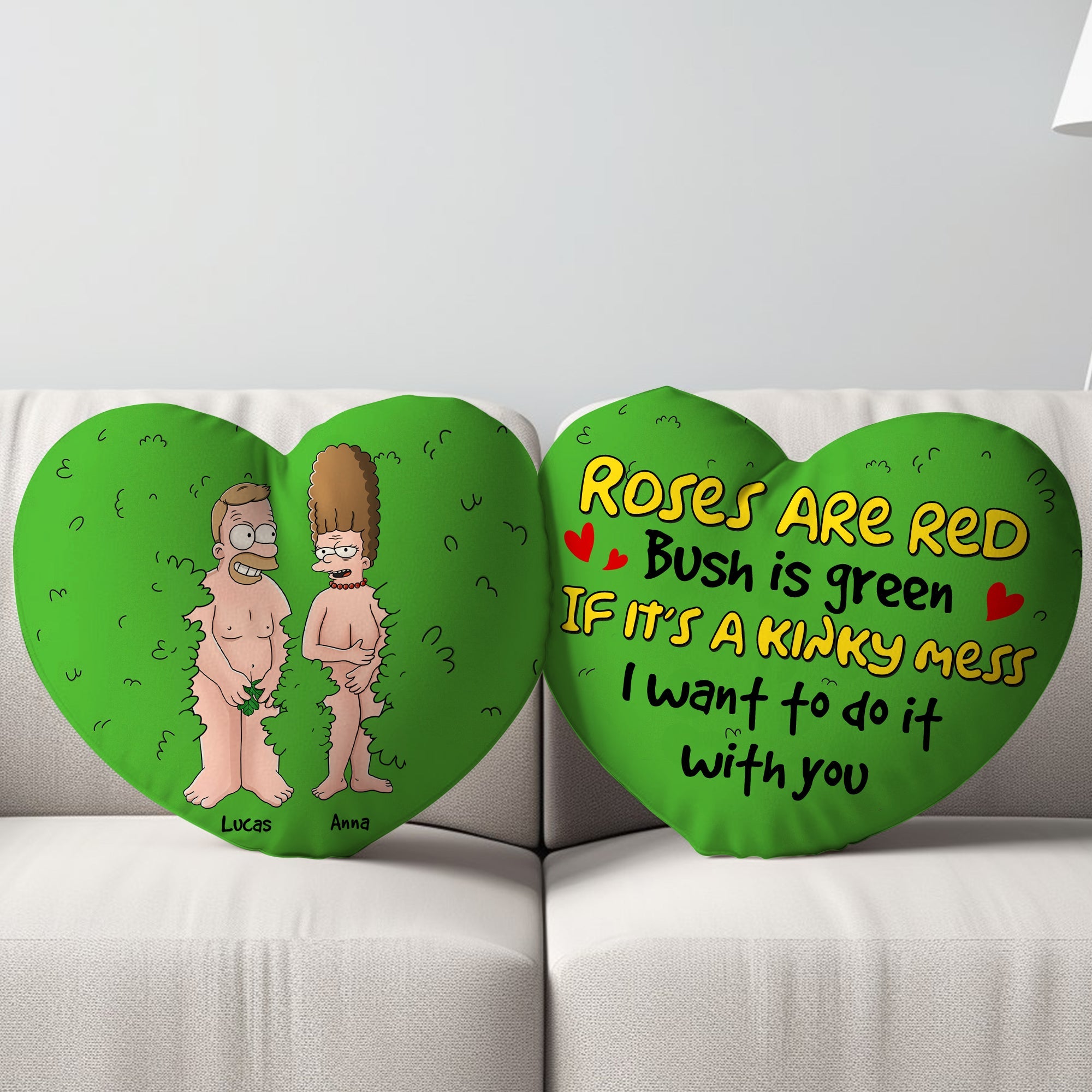 Personalized Naughty Couple Heart Shaped Pillow - Funny Bush Hiding Design