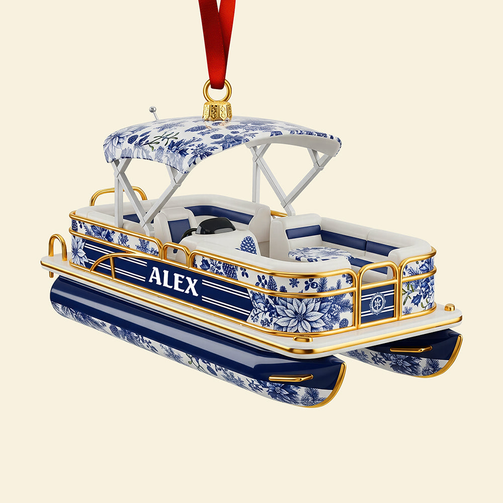 Sail into the Holidays - Personalized Toile de Jouy Christmas Ornament for Pontoon Lovers Ornament PopCulturePrints