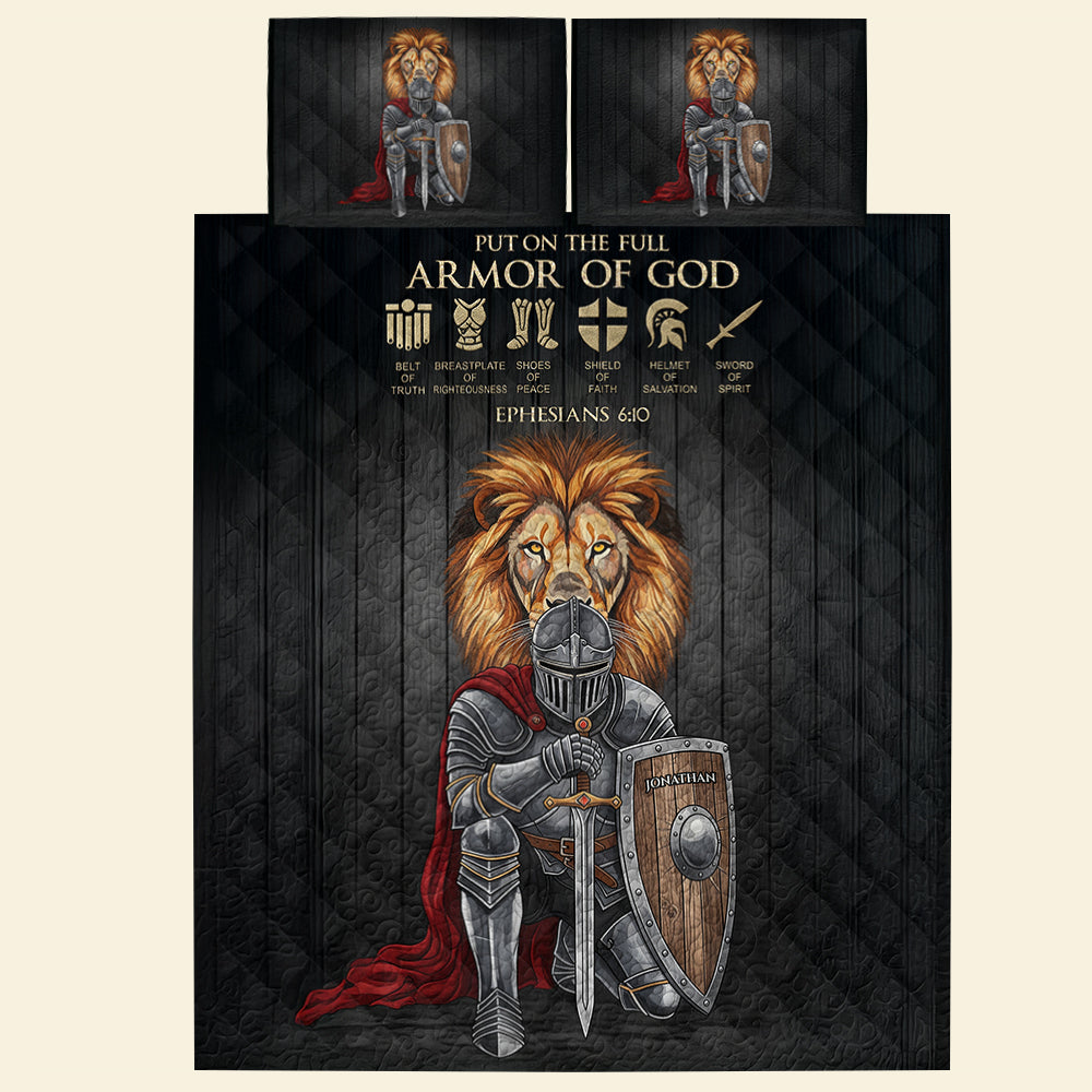 “Put on the Full Armor of God!” - Personalized Lion Warrior Quilt Bedding Set - Custom Gift for Spiritual Warriors, Faith Seekers, and Meaningful Occasions Bedding Set PopCulturePrints