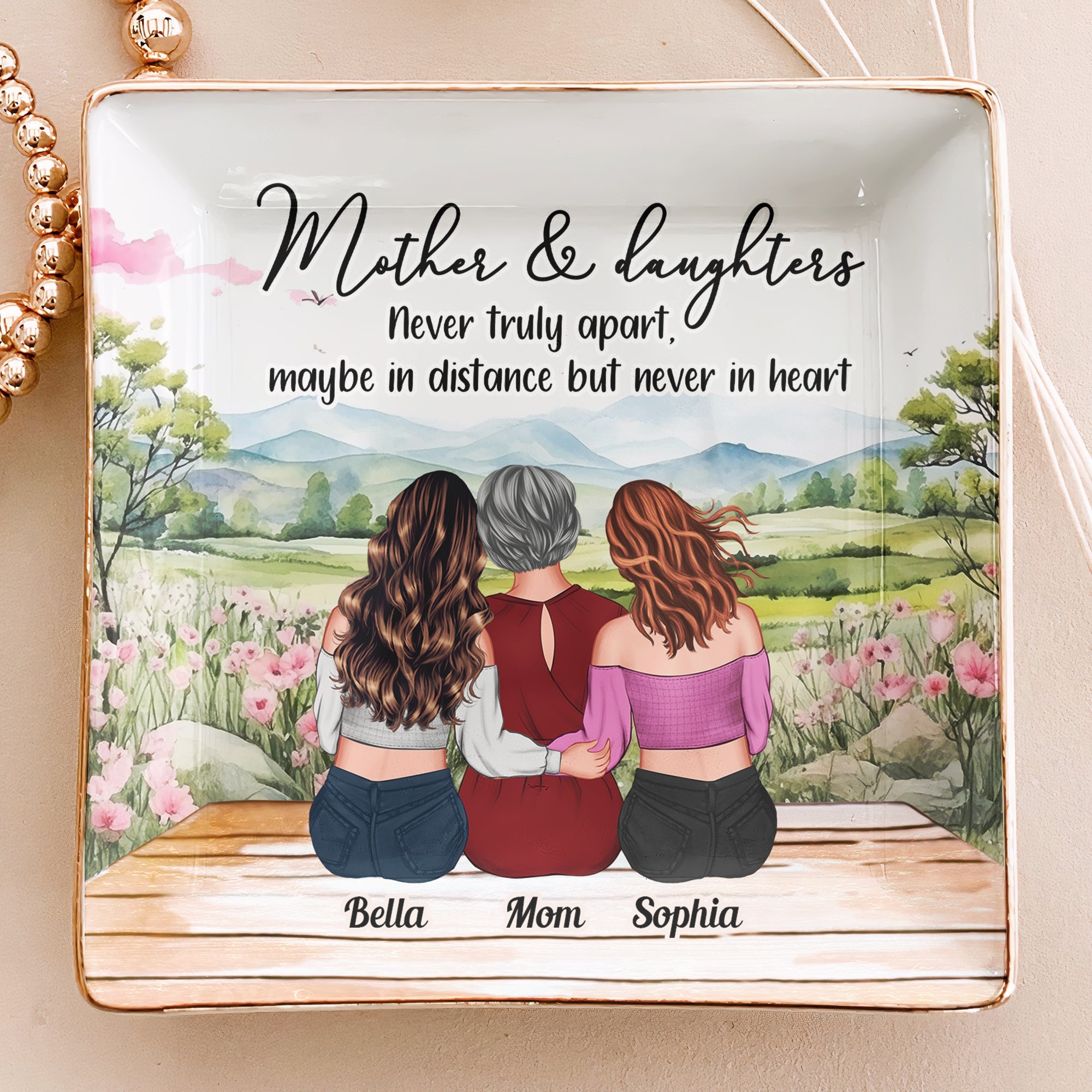 Mother & Daughters: Never Truly Apart - Personalized Jewelry Dish - Meaningful Gift for Mom, Grandma & Daughters Square Jewelry Dish_FULL PopCulturePrints