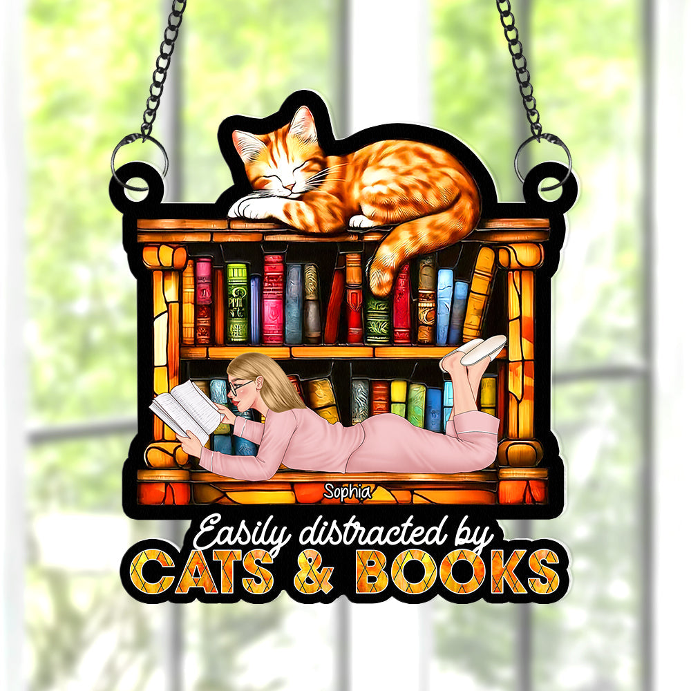 Personalized Suncatcher Ornament for Book Lovers - Easily Distracted by Cats & Books Ornament PopCulturePrints
