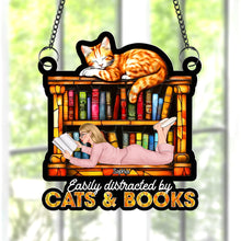 Load image into Gallery viewer, Personalized Suncatcher Ornament for Book Lovers - Easily Distracted by Cats &amp; Books Ornament PopCulturePrints
