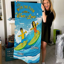 Load image into Gallery viewer, Personalized Surfing Couple Beach Towel Beach Towel PopCulturePrints
