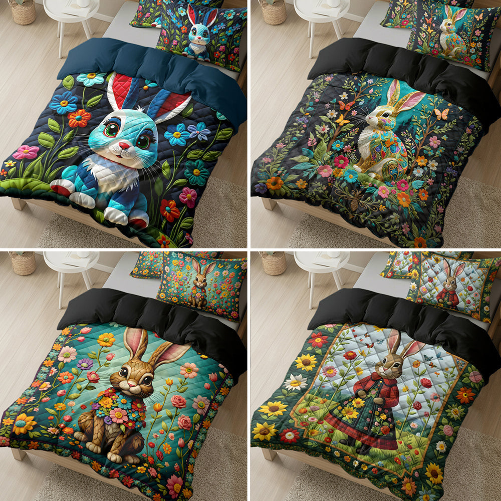 Whimsical Rabbit Lovers Quilt Bed Set - Colorful Floral Designs Blanket PopCulturePrints