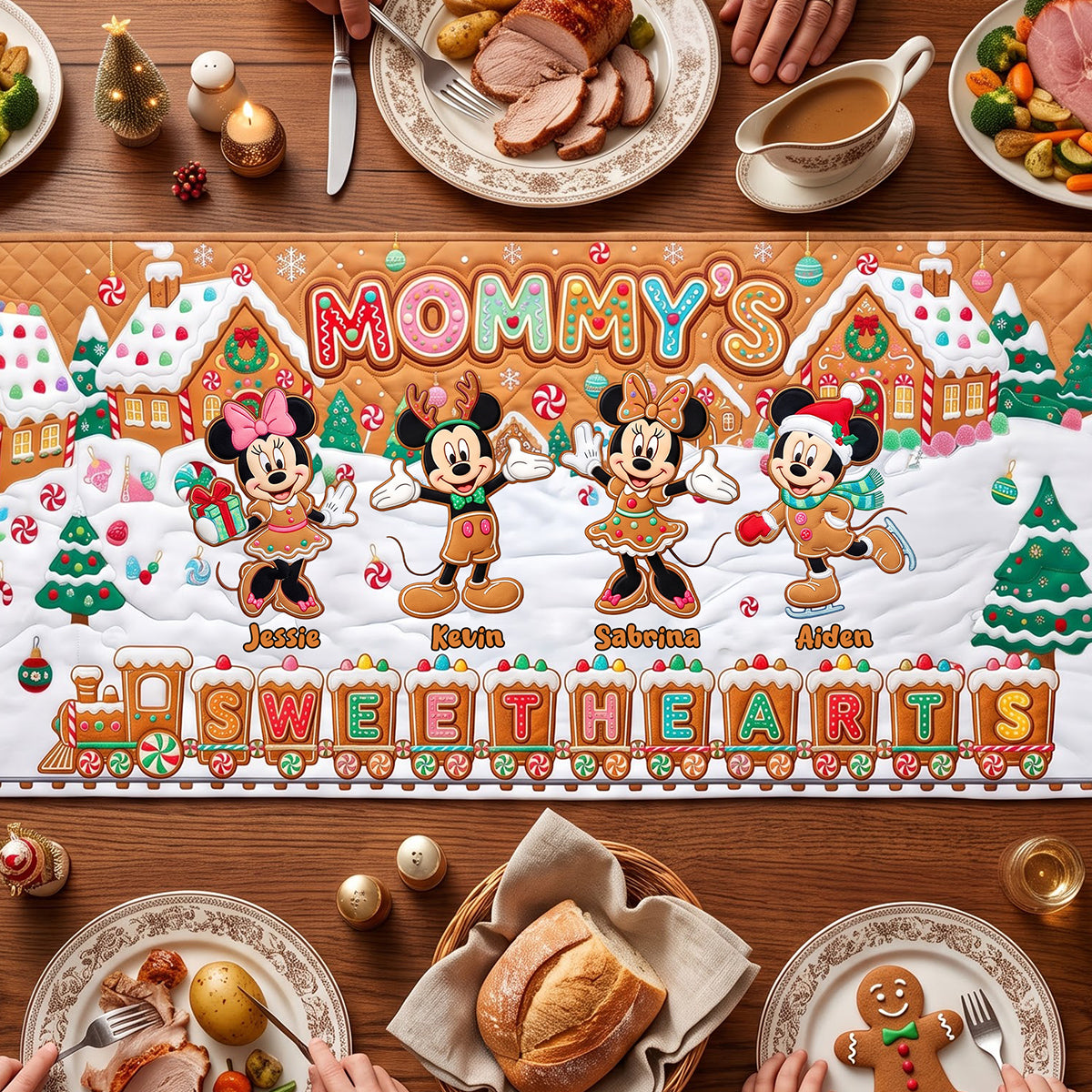 "Mommy's Sweethearts" - Personalized Gingerbread Family Quilted Table Runner - Perfect Gift for Moms and Grandmas Quilted Table Runner PopCulturePrints