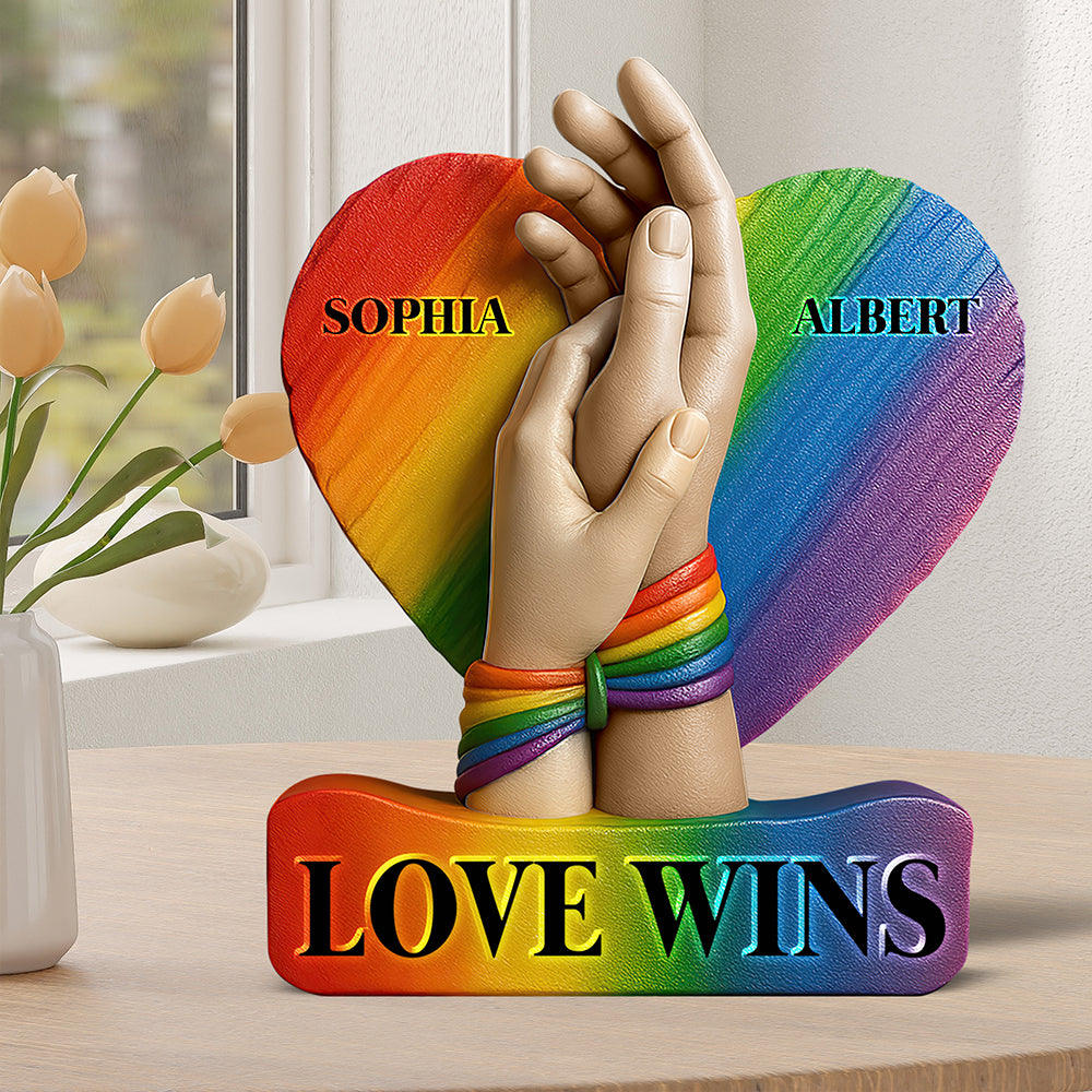 "Love Wins" - Personalized LGBT Couple Acrylic Plaque - Custom Gift for Couples, Anniversaries, and Celebrations Shaped Plaques PopCulturePrints
