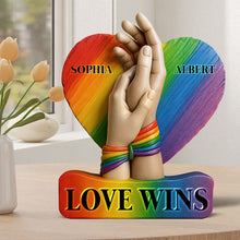 Load image into Gallery viewer, &quot;Love Wins&quot; - Personalized LGBT Couple Acrylic Plaque - Custom Gift for Couples, Anniversaries, and Celebrations Shaped Plaques PopCulturePrints
