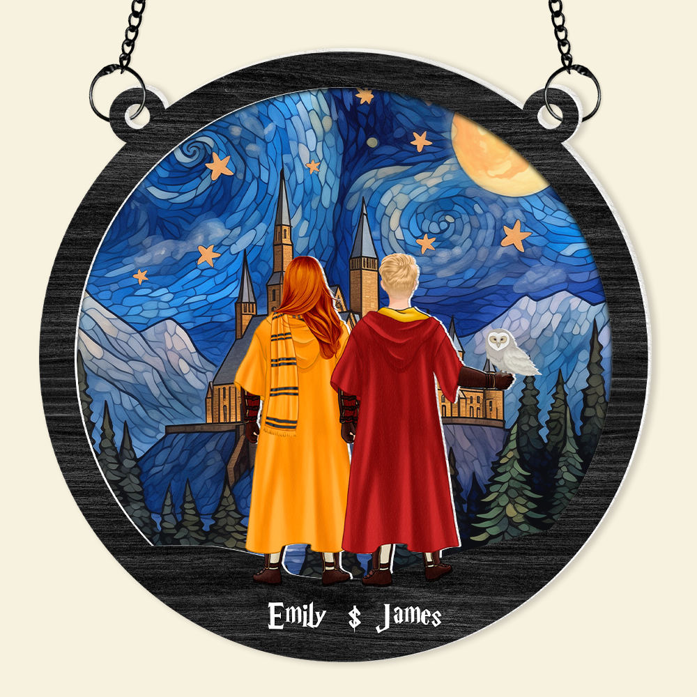 Personalized Wizard Couple Suncatcher Ornament - Custom Names and Design