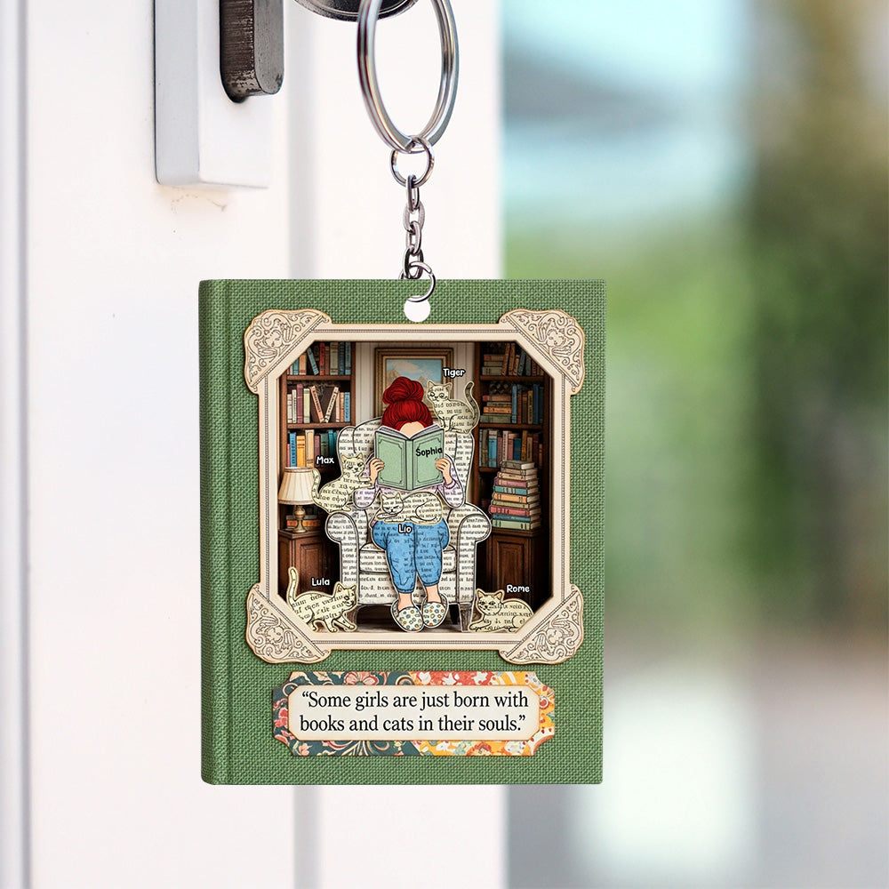 “Some girls are just born with books and cats in their souls.” - Personalized Book and Cat Girl Keychain - Unique Gift for Book Lovers, Cat Enthusiasts, and Readers Keychains PopCulturePrints