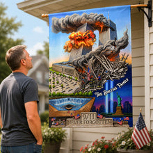 Load image into Gallery viewer, “Never Forget Our Heroes” - Patriotic Remembrance House Flag - Personalized Flag Gift for Family and Friends
