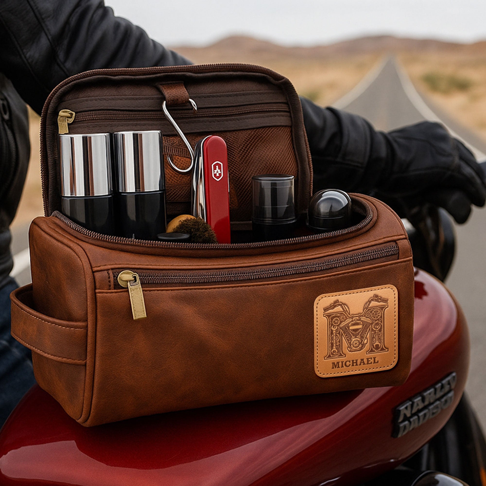 Ride in Style: Personalized Motorcycle Initial Letter Leather Toiletry Bag - Perfect Gift for Bikers Toiletry Bag PopCulturePrints