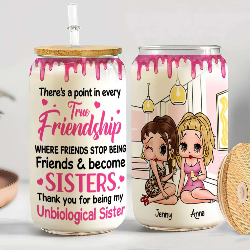 Personalized Friendship Glass Can - Unbiological Sister Gift Glass Can PopCulturePrints