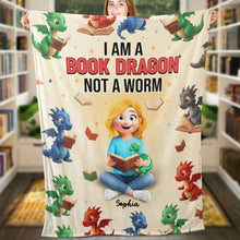 Load image into Gallery viewer, "I Am A Book Dragon, Not A Worm" - Cozy Book Dragon Blanket - Personalized Gift For Book Lovers Blanket PopCulturePrints
