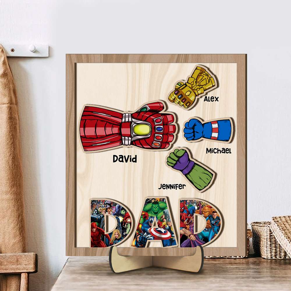 Custom Superhero Dad and Kids Wooden Art - Personalized Gift Wood Sign PopCulturePrints