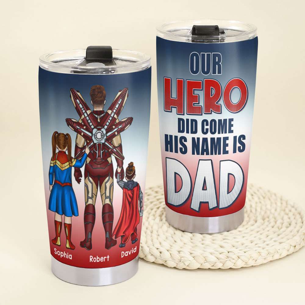 Personalized 'Our Hero Dad' Tumbler - Father and Kids Themed Gift Tumbler Cup PopCulturePrints
