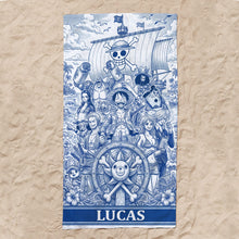 Load image into Gallery viewer, Sail into Adventure: Personalized Voyage Toile De Jouy Beach Towel - Custom Gift for Animation Lovers
