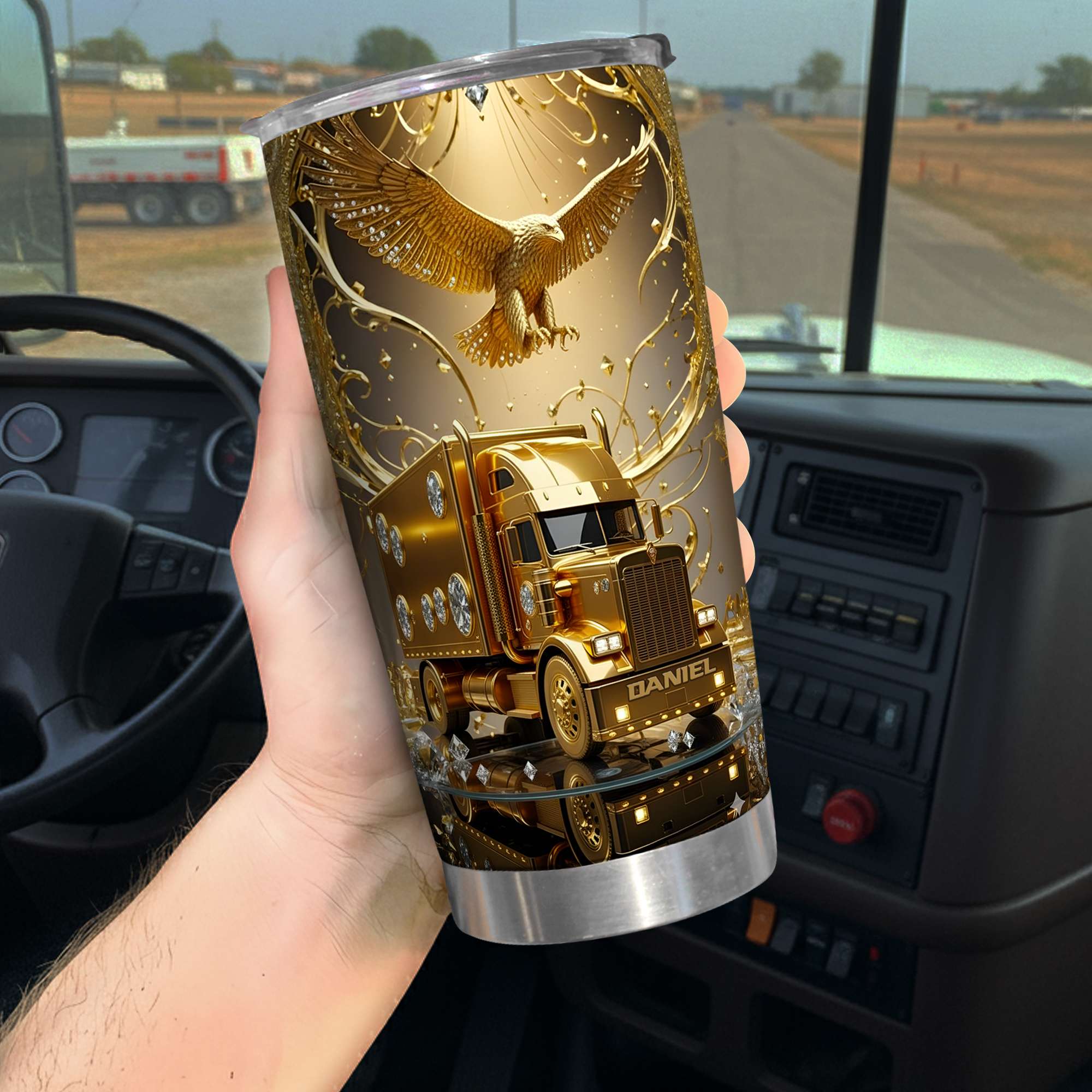 Golden Semi Truck Tumbler - Personalized Gift for Truckers Tumbler Cup PopCulturePrints
