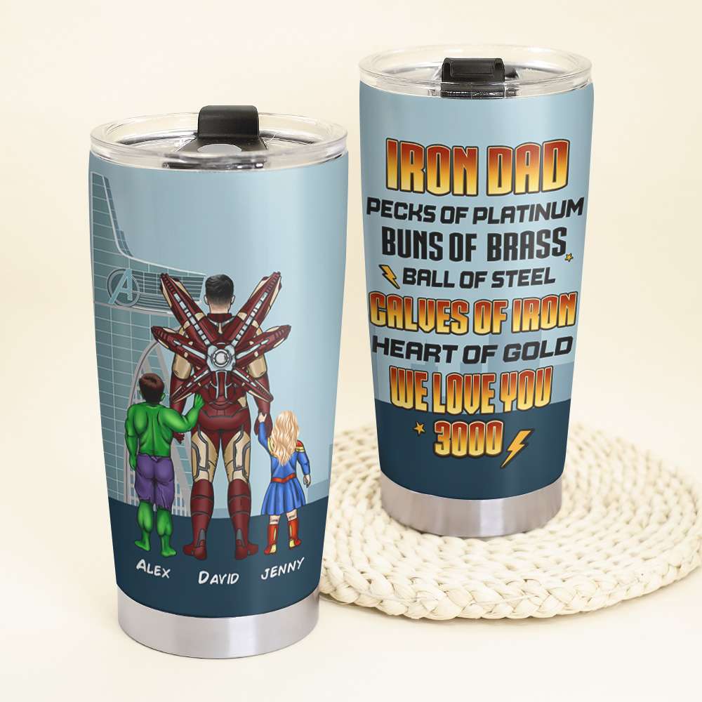 Iron Dad Personalized Tumbler with Superhero Kids - We Love You 3000