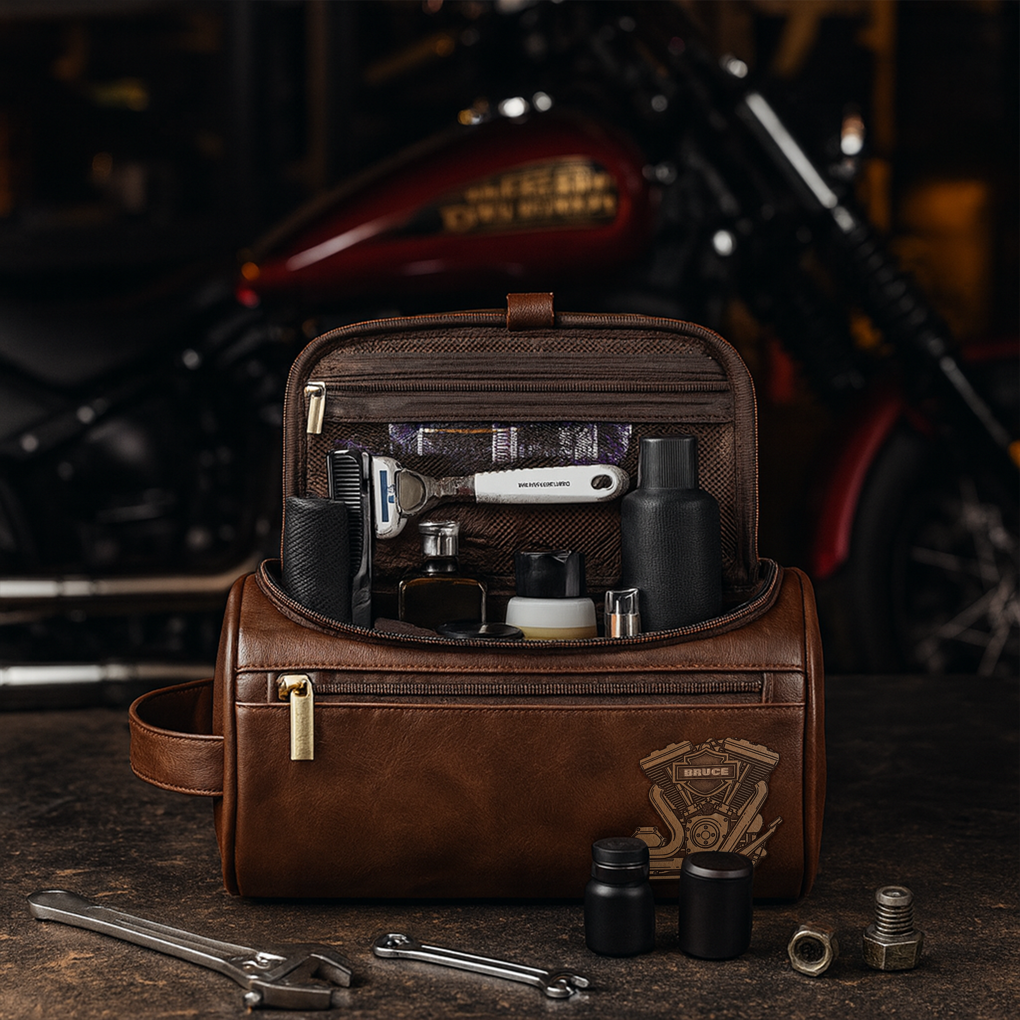 "Adventure Awaits: Personalize Your Ride" - Motorcycle Mechanical Men Leather Toiletry Bag, Perfect Gift for Bikers Toiletry Bag PopCulturePrints