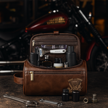 Load image into Gallery viewer, &quot;Adventure Awaits: Personalize Your Ride&quot; - Motorcycle Mechanical Men Leather Toiletry Bag, Perfect Gift for Bikers Toiletry Bag PopCulturePrints
