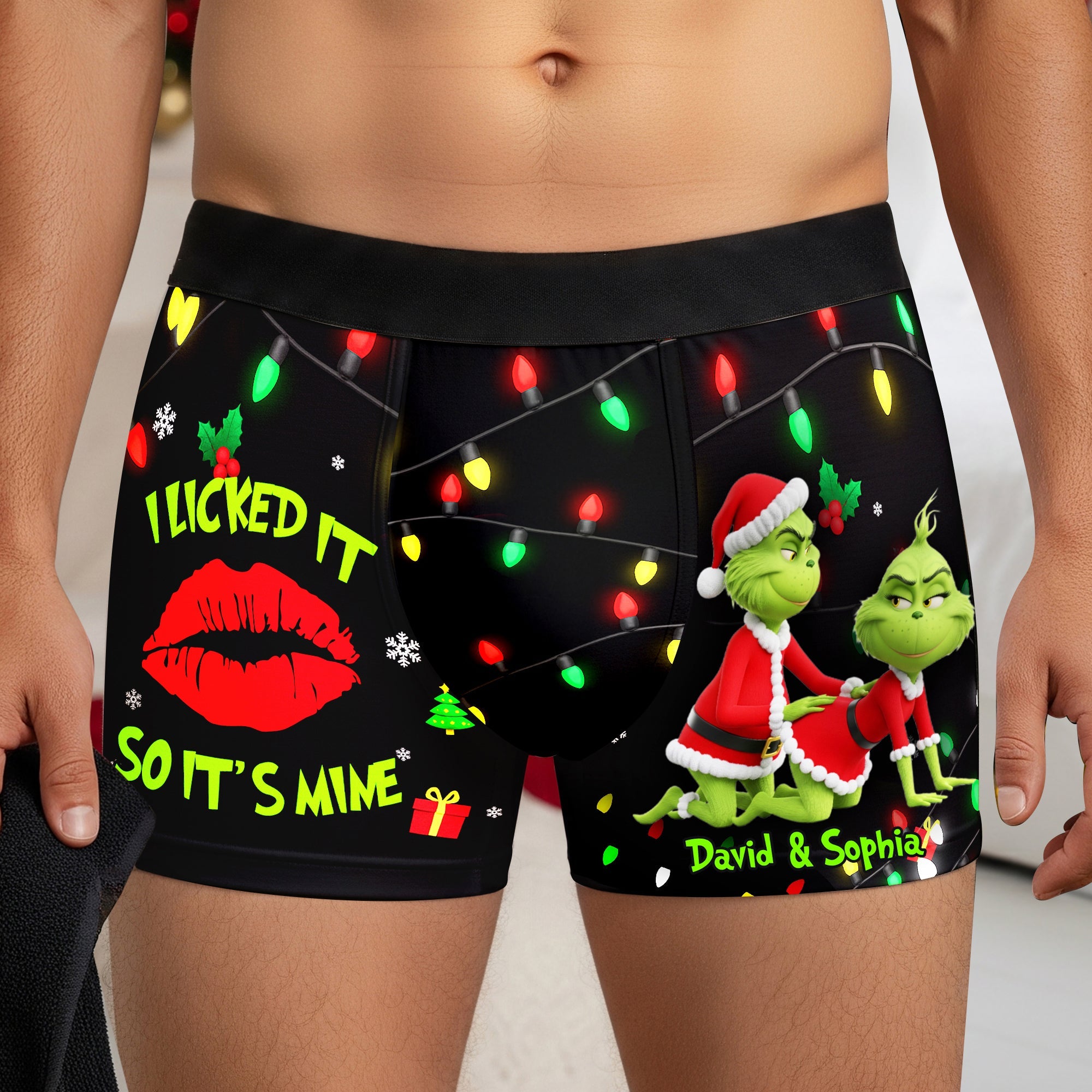 Christmas Cheer with a Grinchy Twist - Playful Green Couple Boxers | Personalized Gift for Him Boxer Briefs PopCulturePrints