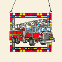 Load image into Gallery viewer, “Shine Bright with Our Stained Glass Firetruck!” - Firetruck Window Hanging Suncatcher Ornament - Personalized Gifts for Firefighters Ornament PopCulturePrints
