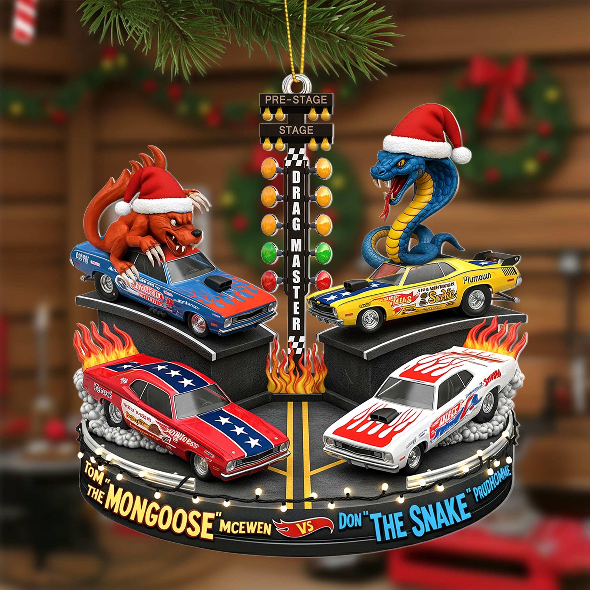 "Rev Up Your Holiday Spirit!" - Festive Rivalry Christmas Ornament - Personalized Gifts for Drag Racing Enthusiasts Ornament PopCulturePrints
