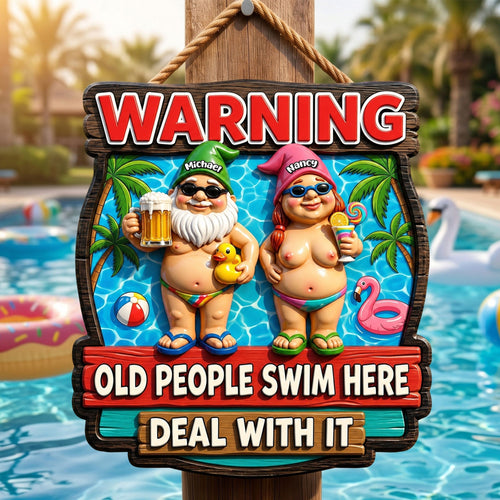 Warning: Old People Swim Here - Personalized Metal Sign for Couples Metal Signs PopCulturePrints