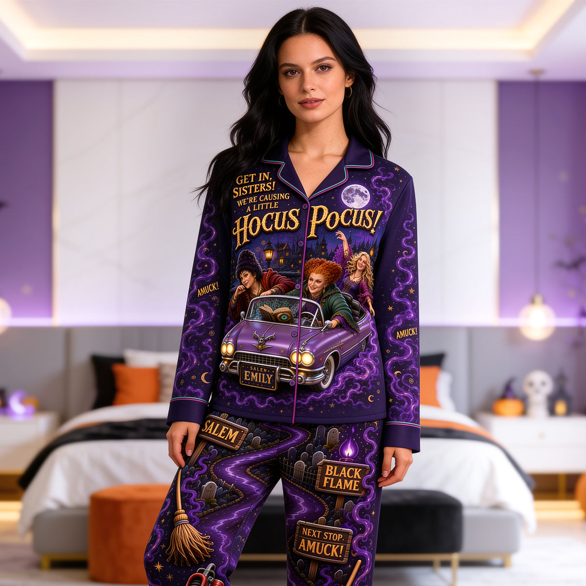 Get in, Sisters! Witchy Night In Pajama Set - Personalized Gift for Halloween Lovers Pajama Set PopCulturePrints