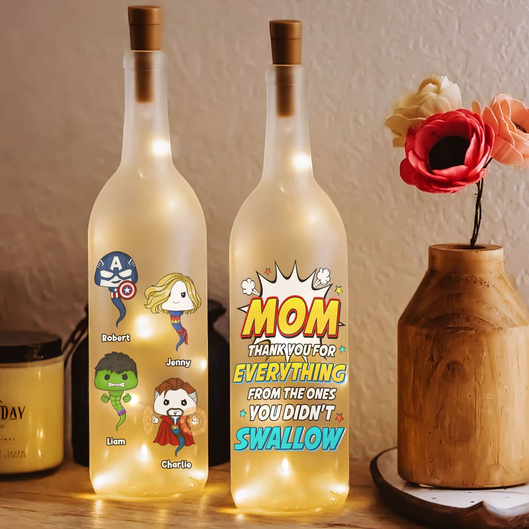 Custom Mom Bottle Lamp - A Funny Superhero Gift for Mothers Bottle Lamp PopCulturePrints