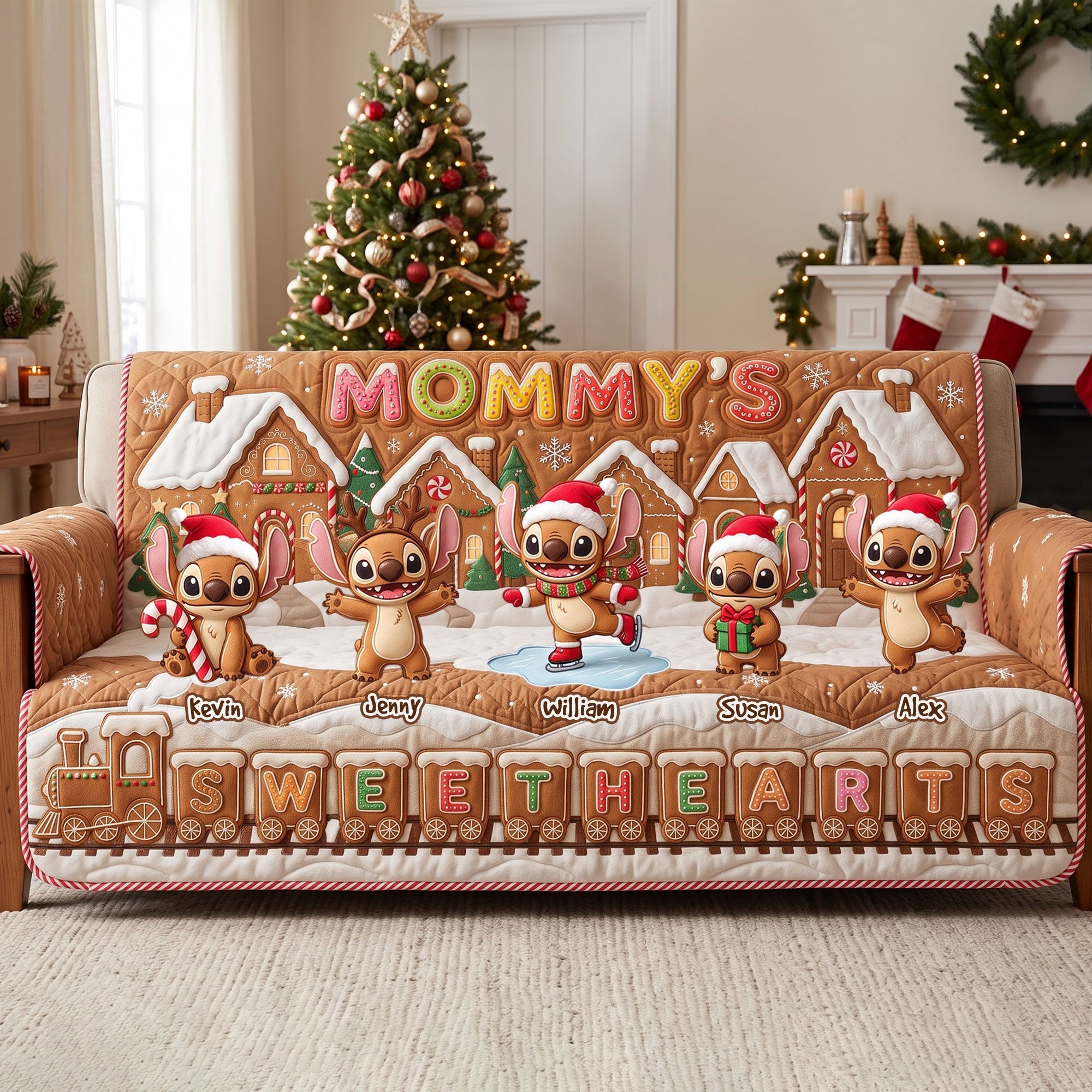 Mommy's Sweethearts - Cute Gingerbread Christmas Sofa Cover | Personalized Gifts for Mom, Grandma & Loved Ones