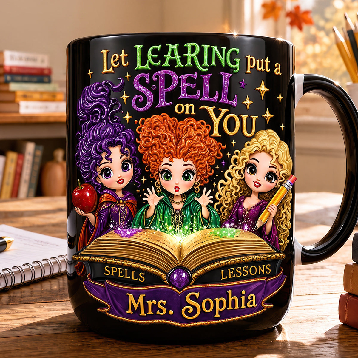 “Let Learning Put a Spell on You” - Spooky Witch Spell Accent Mug - Personalized Gift for Teachers & Halloween Lovers
