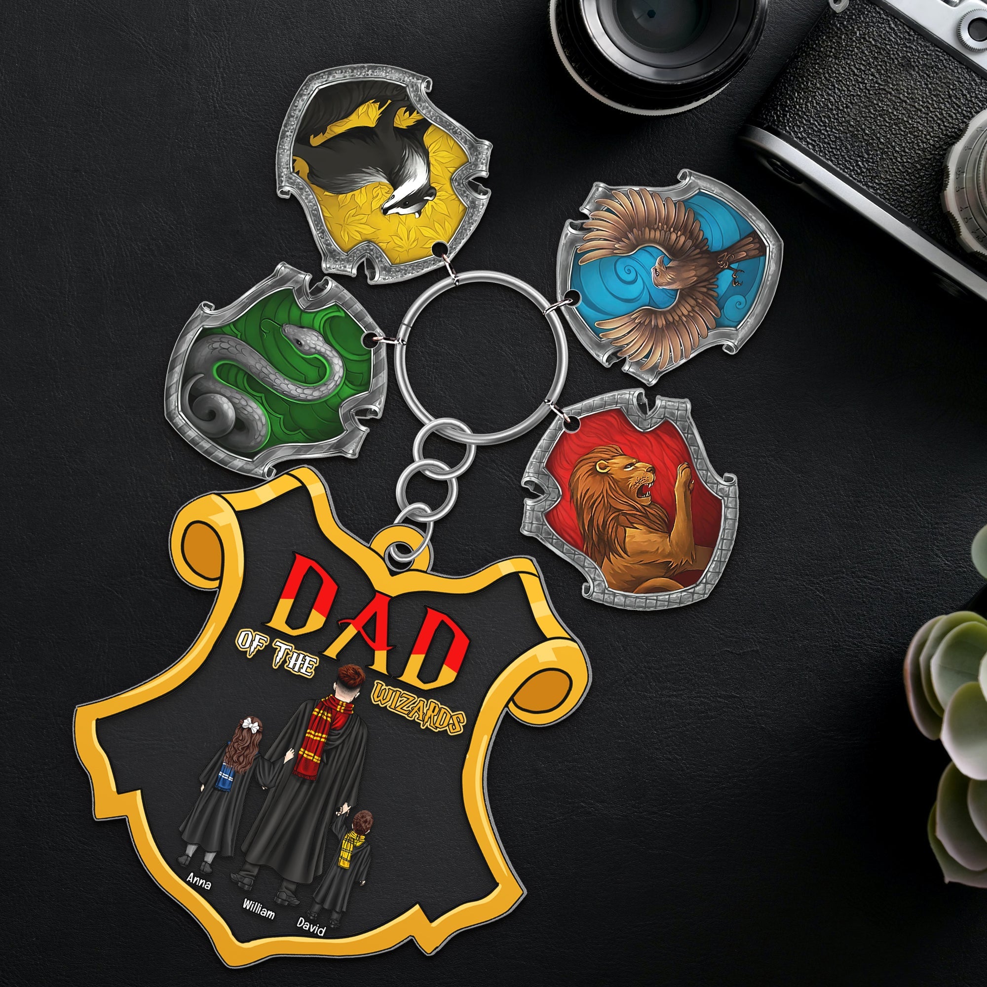 Personalized Hogwarts House Keychain - Dad of the Wizards