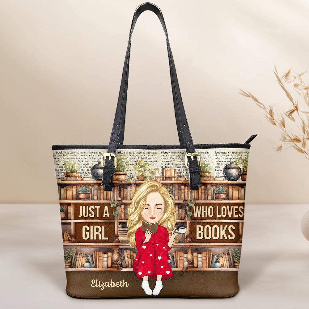 Reading Just A Girl Who Loves Books - Personalized Leather Tote Bag Leather Tote Bag PopCulturePrints