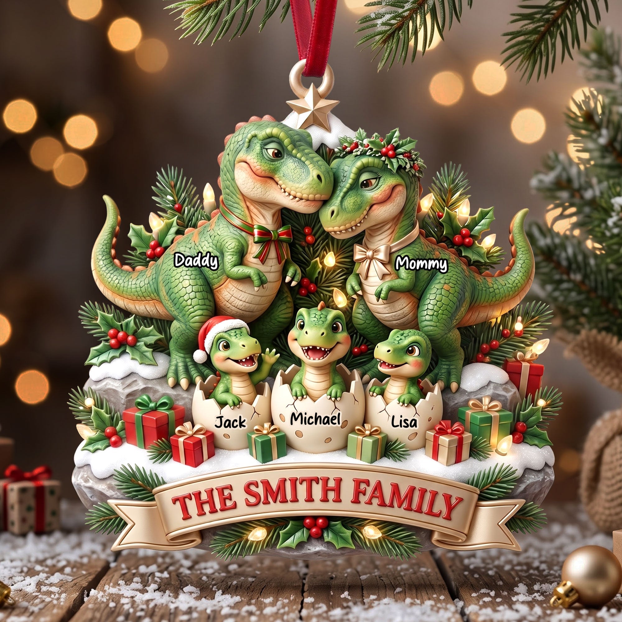 Dinosaur Family Ornament - Personalized Christmas Gifts For Family 04TYTI180826 Ornament PopCulturePrints