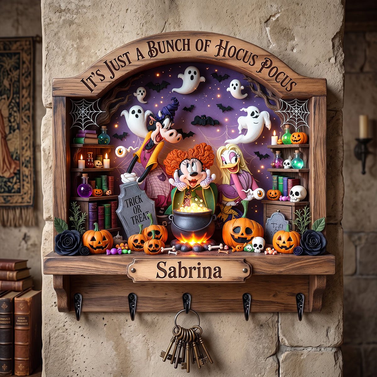 “It’s Just a Bunch of Hocus Pocus” - Spooky Witch Squad Acrylic Key Hanger - Personalized Gifts for Halloween