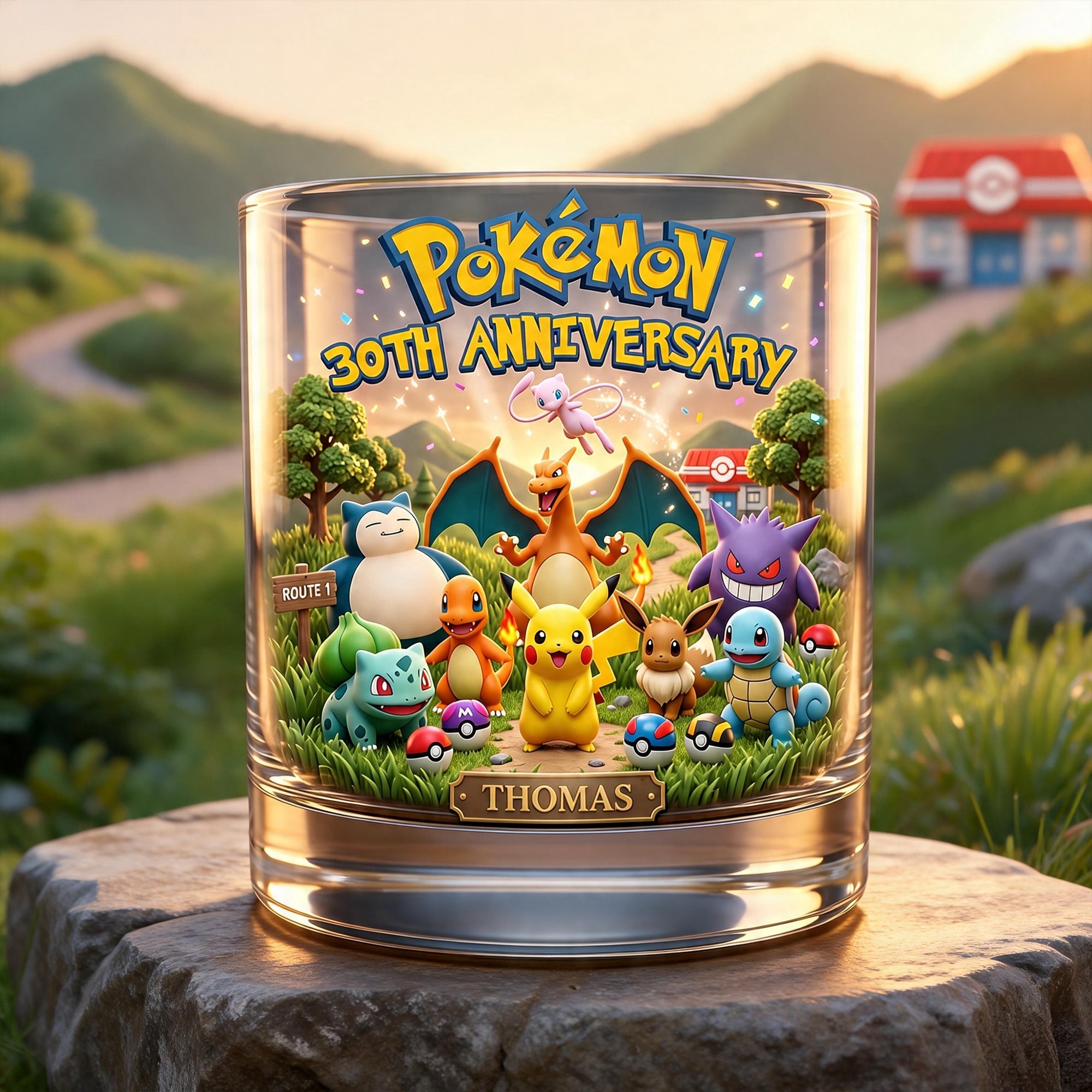 "Celebrate Friendship & Adventure - Personalized 30th Anniversary Drinking Glass for Pokémon Fans"