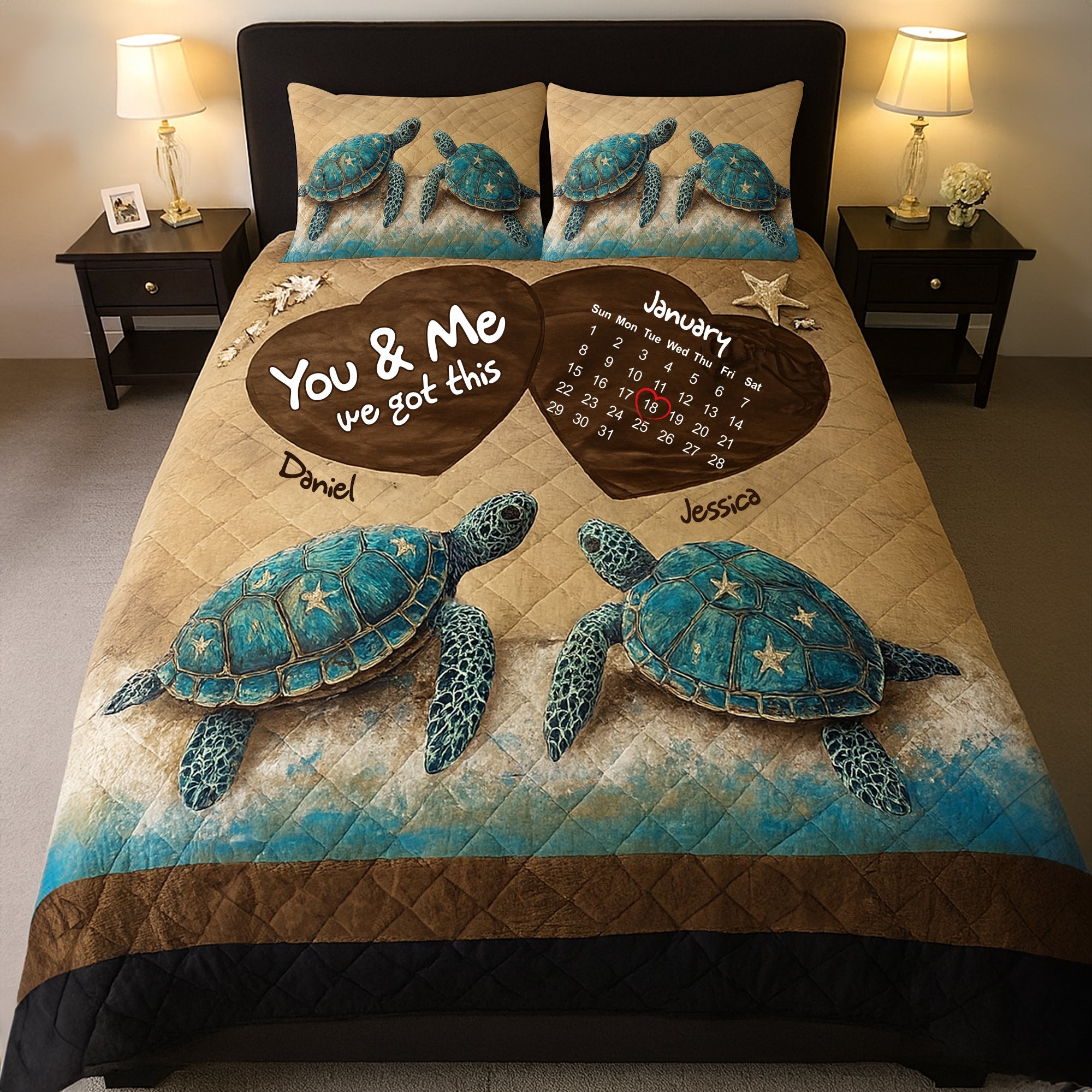 You & Me - Personalized Beachy Sea Turtle Quilt Bed Set - Unique Anniversary Gift for Couples Blanket PopCulturePrints