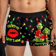 Load image into Gallery viewer, “I Licked It So It’s Mine!” - Personalized Mischief Green Couple Boxers - Perfect Christmas Gift for Him Boxer Briefs PopCulturePrints
