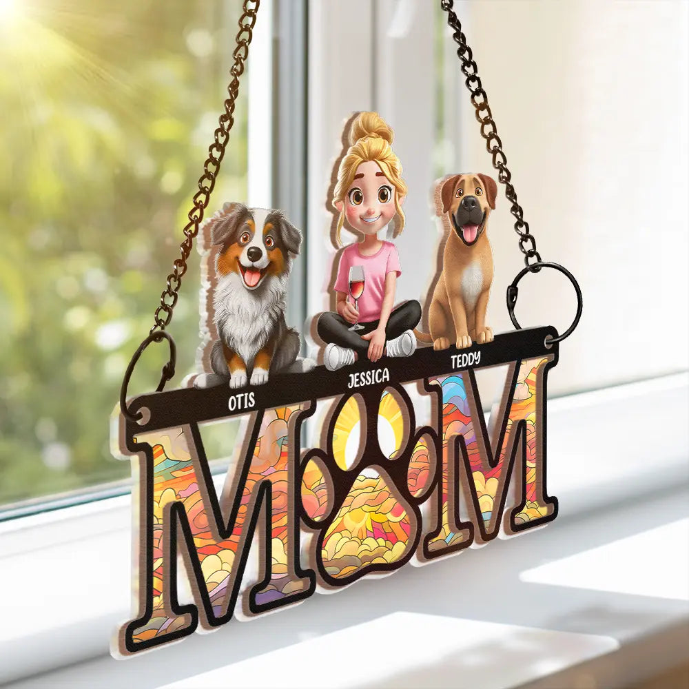 "Celebrate the Bond with Your Furry Friends - Personalized 3D Dog Mom Dad Window Hanging Suncatcher Ornament" Suncatcher Ornament PopCulturePrints
