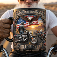 Load image into Gallery viewer, "Born to Ride Free - Celebrate 250 Years of Freedom!" - American Biker Heritage Coffee Mug, Personalized Gifts for Motorcycle Lovers
