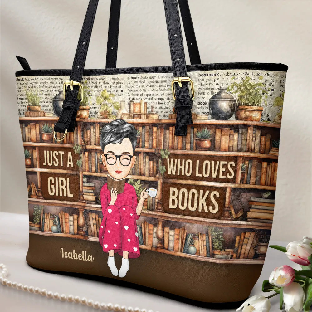 Reading Just A Girl Who Loves Books - Personalized Leather Tote Bag Leather Tote Bag PopCulturePrints
