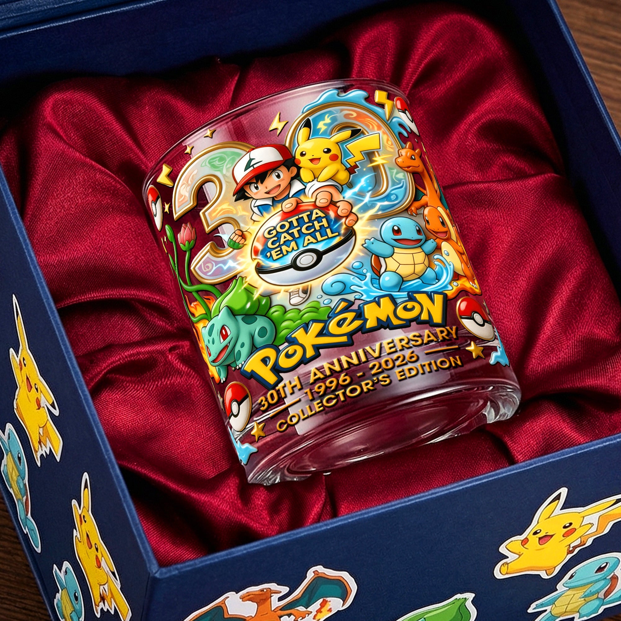 Gotta Catch ‘Em All – 30 Years Monster Adventure Round Glass - Personalized Anniversary Gift Glass PopCulturePrints