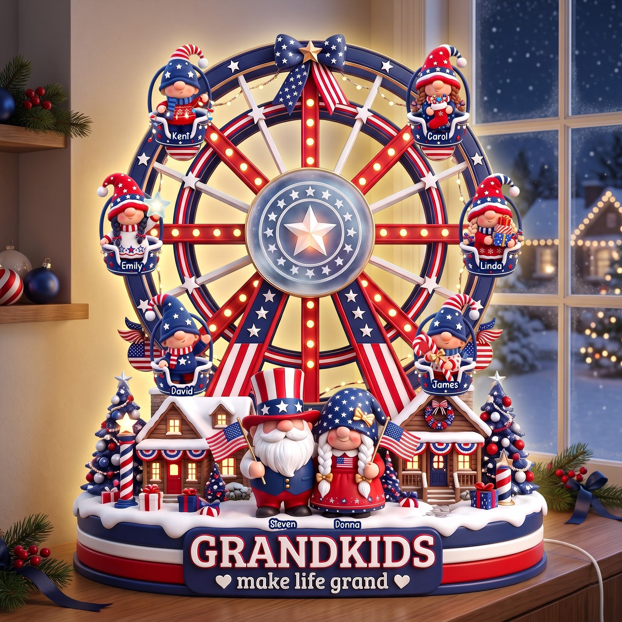 “Grandkids Make Life Grand” - USA Gnome Ferris Wheel Acrylic Light Box - Personalized Christmas Gift for Family, Friends, & Loved Ones
