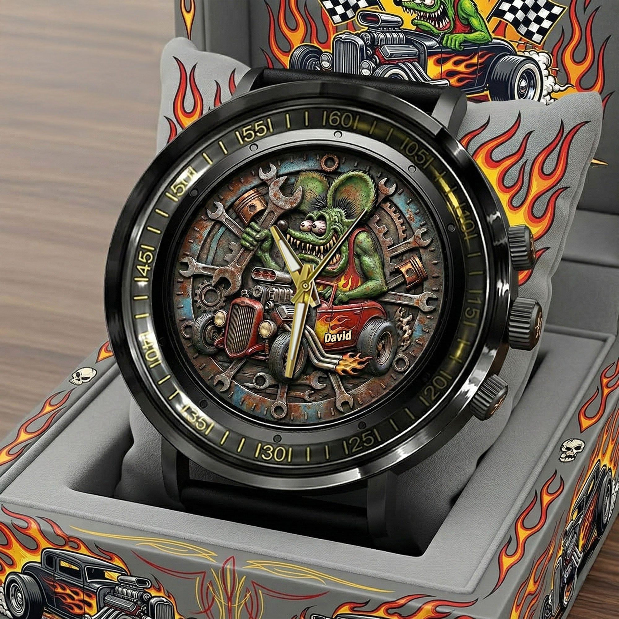 Rev Up Time! Classic Racing Stainless Steel Men's Watch - Personalized Gift for Hot Rod Lovers Men's Watch PopCulturePrints