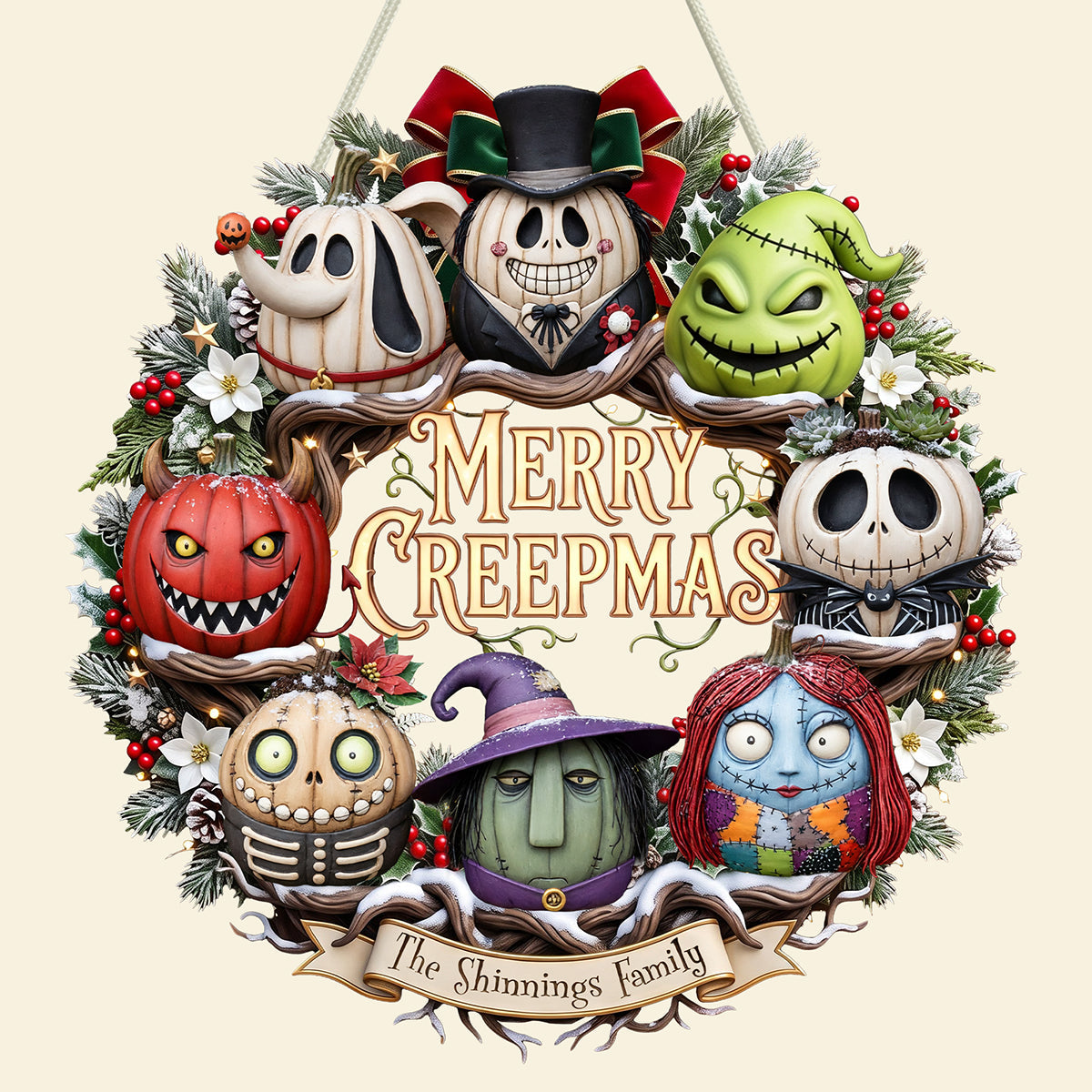 "Celebrate a Creepy Christmas with Style!" - Merry Creepmas Wreath Acrylic Sign - Personalized Gift for Halloween Lovers and Holiday Enthusiasts