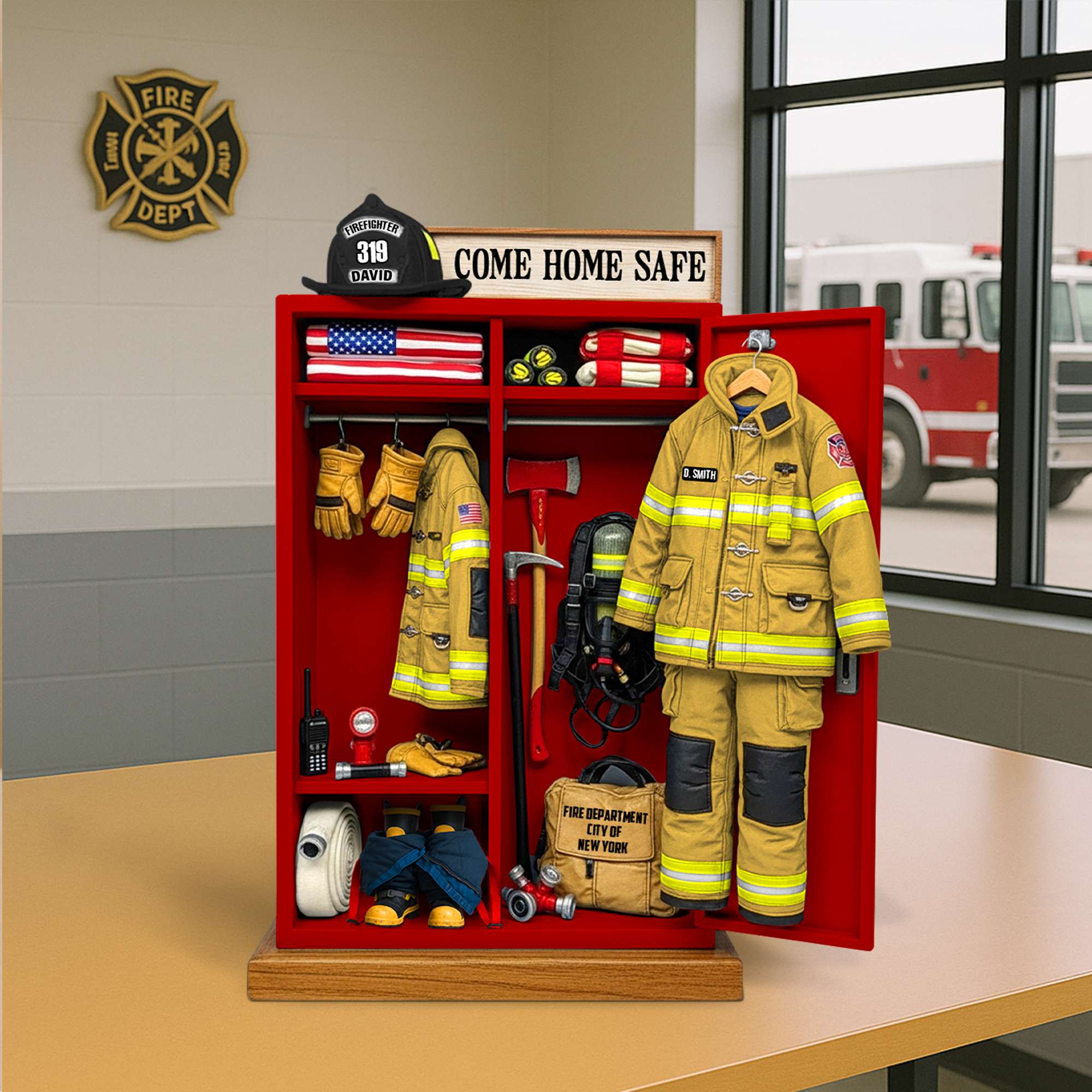 “Come Home Safe” - Personalized Firefighter’s Gear Locker Acrylic Plaque - Unique Gift for Firefighters Shaped Plaques PopCulturePrints